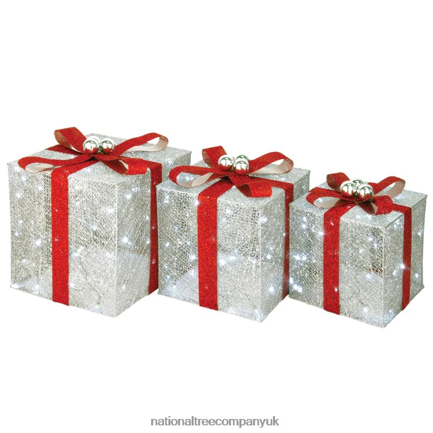 decoration | National Tree Company Pre-Lit Silver Gift Boxes, Set of Three, White Lights, Christmas Collection F2L4F629