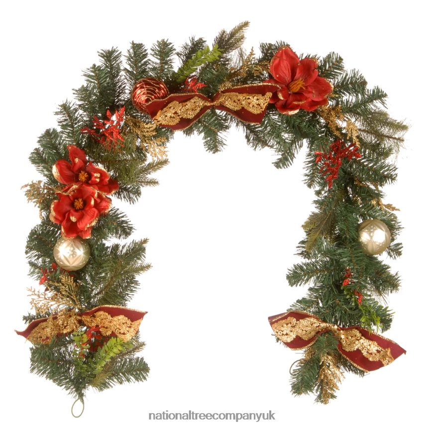 Greenery | National Tree Company Artificial Christmas Garland, Green, Evergeen, Decorated With Ball Ornaments, Poinsettia Flowers, Ribbon Bows, Plug In, Christmas Collection, 6 Feet F2L4F433