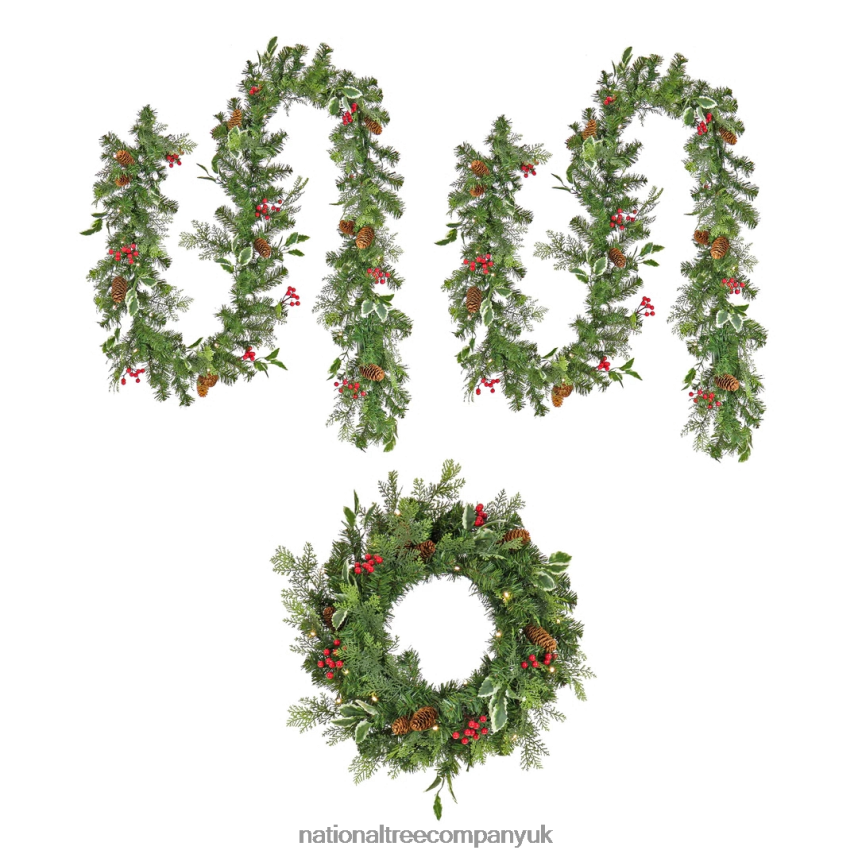 Greenery | National Tree Company First Traditions Collection Pre-Lit Holly Berry Wreath and Garland 3pc Set F2L4F368