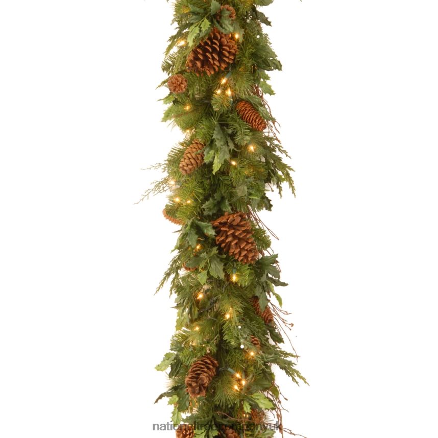 Greenery | National Tree Company Pre-Lit Artificial Christmas Garland, Green, Juniper Pine, White Lights, Decorated With Pine Cones, Plug In, Christmas Collection, 6 Feet F2L4F425