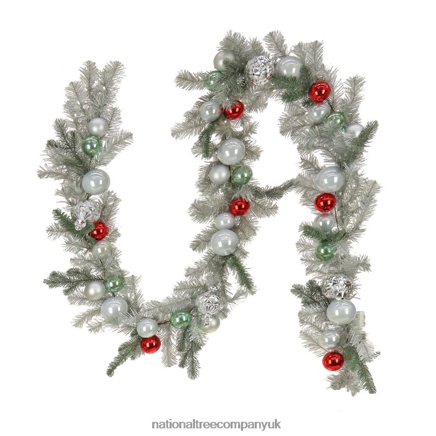 Greenery | National Tree Company 9' Christmas Be Merry Trimmed Silver Garland, 75 Pure White LED Lights- Battery Operated with Remote Control F2L4F421