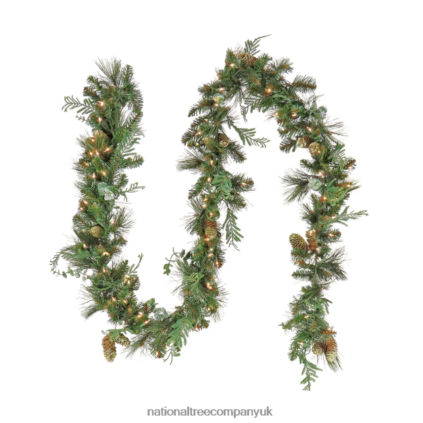 Greenery | National Tree Company First Traditions Collection, 9 ft Pre-Lit Artificial North Conway Garland with Glittery Cones and Eucalyptus, 100 Clear Lights F2L4F356