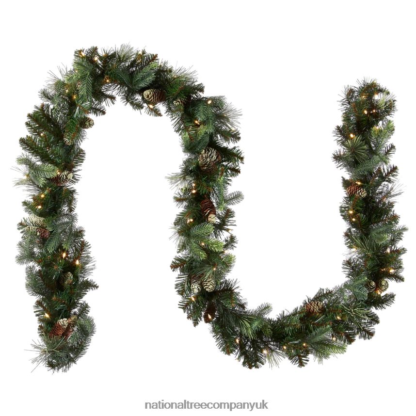 Greenery | National Tree Company Pre-Lit Artificial Christmas Garland, Green, Carolina Pine, White Lights, Decorated with Pine Cones, Plug In, Christmas Collection, 9 Feet F2L4F326