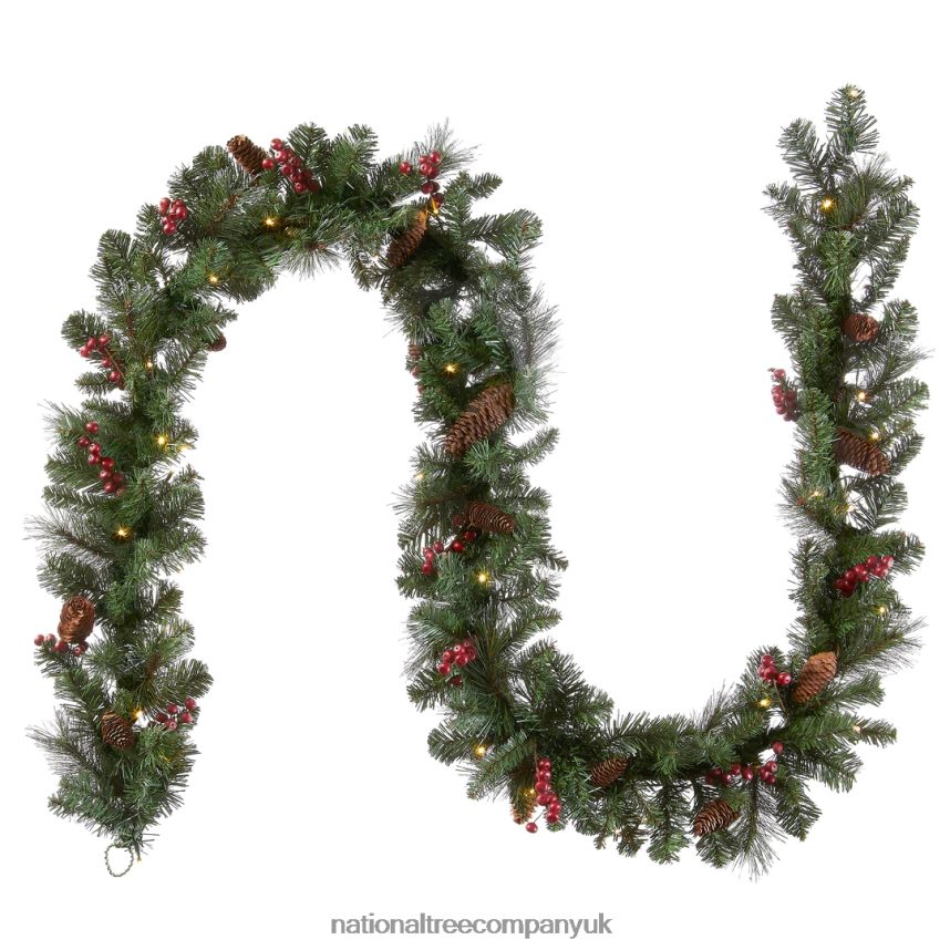 Greenery | National Tree Company Pre-Lit Artificial Christmas Garland, Green, Crestwood Spruce, White Lights, Decorated with Pine Cones, Berry Clusters, Plug In, Christmas Collection, 9 Feet F2L4F325