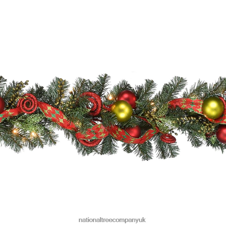 Greenery | National Tree Company Pre-Lit Artificial Christmas Garland, Green, Evergreen, Decorated With Berry Clusters, Ribbon, Ball Ornaments, Plug In, Christmas Collection, 9 Feet F2L4F391