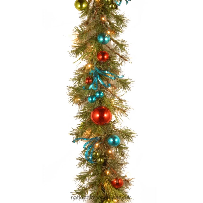 Greenery | National Tree Company Pre-Lit Artificial Christmas Garland, Green, Evergreen, Decorated With Berry Clusters, Ribbon, Ball Ornaments, Plug In, Christmas Collection, 9 Feet F2L4F427