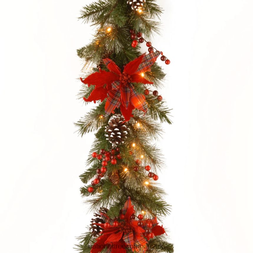 Greenery | National Tree Company Pre-Lit Artificial Christmas Garland, Green, Evergreen, White Lights, Decorated With Plaid Bows, Berry Clusters, Pine Cones, Plug In, Christmas Collection, 9 Feet F2L4