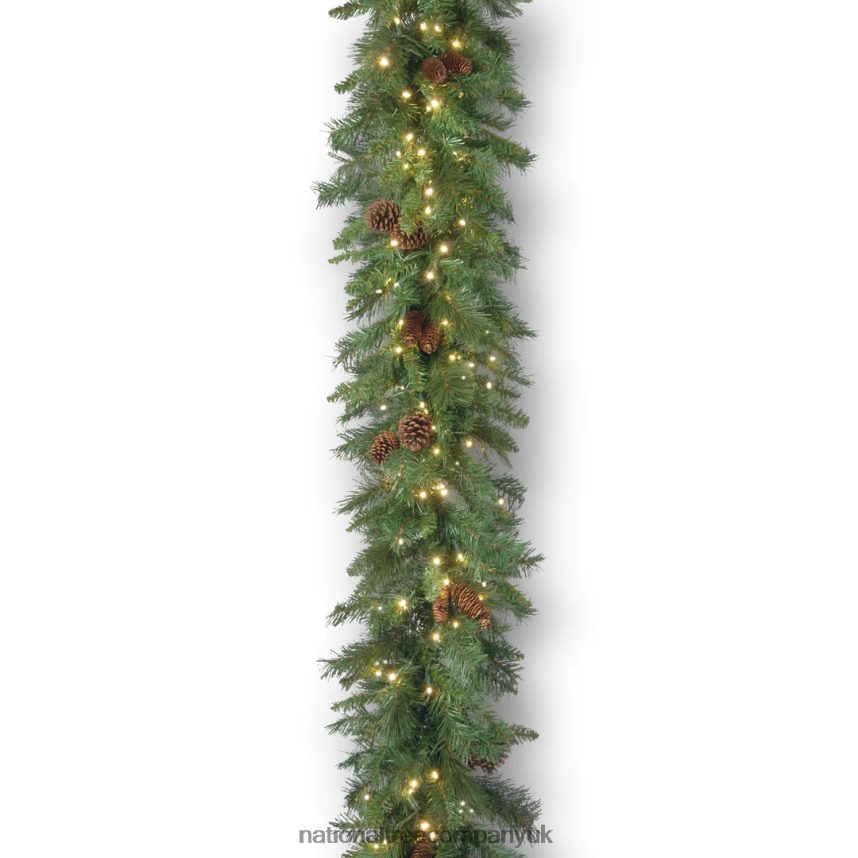 Greenery | National Tree Company Pre-Lit Artificial Christmas Garland, Green, Garwood Spruce, White Lights, Plug In, Christmas Collection, 9 Feet F2L4F365