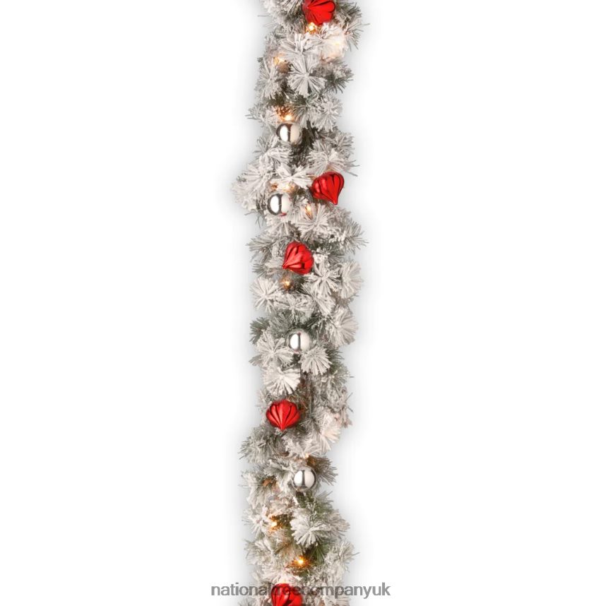 Greenery | National Tree Company Pre-Lit Artificial Christmas Garland, Green, Glittery Bristle Pine, White Lights, Decorated With Frosted Branches, Ball Ornaments, Plug In, Christmas Collection, 9 Fee