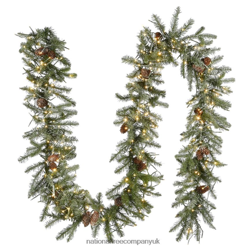 Greenery | National Tree Company Pre-Lit Artificial Christmas Garland, Green, Morgan Spruce, White Lights, Decorated With Pine Cones, Snowy Branches, Plug In, Christmas Collection, 9 Feet F2L4F369