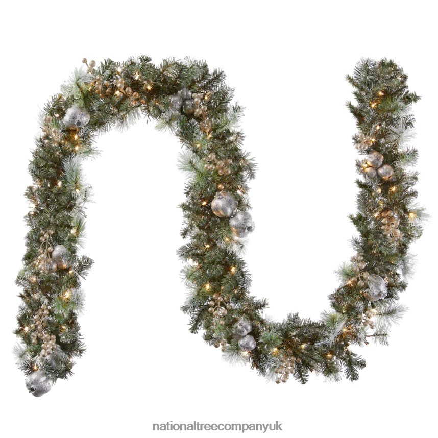 Greenery | National Tree Company Pre-Lit Artificial Christmas Garland, Green, Pomegranate Pine, White Lights, Decorated With Ball Ornaments, Berry Clusters, Plug In, Christmas Collection, 9 Feet F2L4F