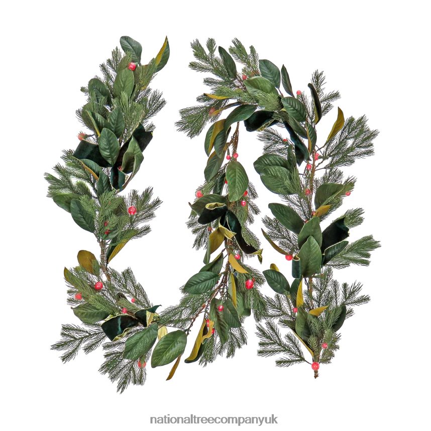 Greenery | National Tree Company Pre Lit Artificial Garland, Magnolia Mix, Green, Decorated with Leafy Greens, Red Berry LED Lights, Battery Powered, Christmas Collection, 9 Feet F2L4F431