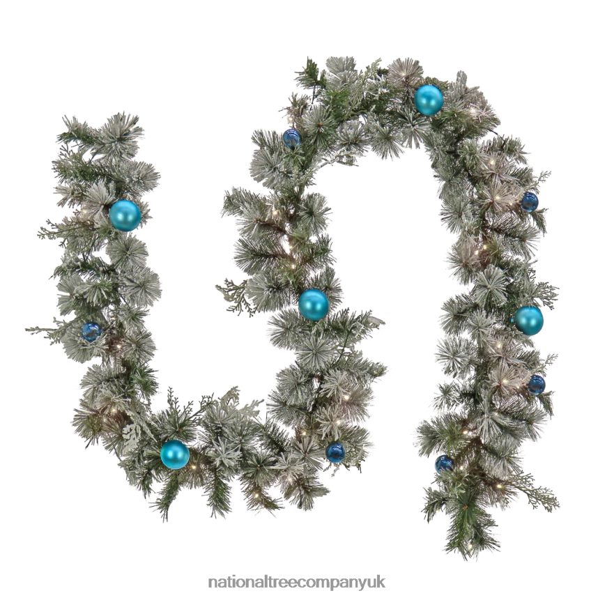 Greenery | National Tree Company Pre Lit Artificial Garland,Tinkham Pine, Green, Frosted, Decorated with Blue Ball Ornaments, Warm White LED Lights, Battery Powered, Christmas Collection, 9 Feet F2L4F