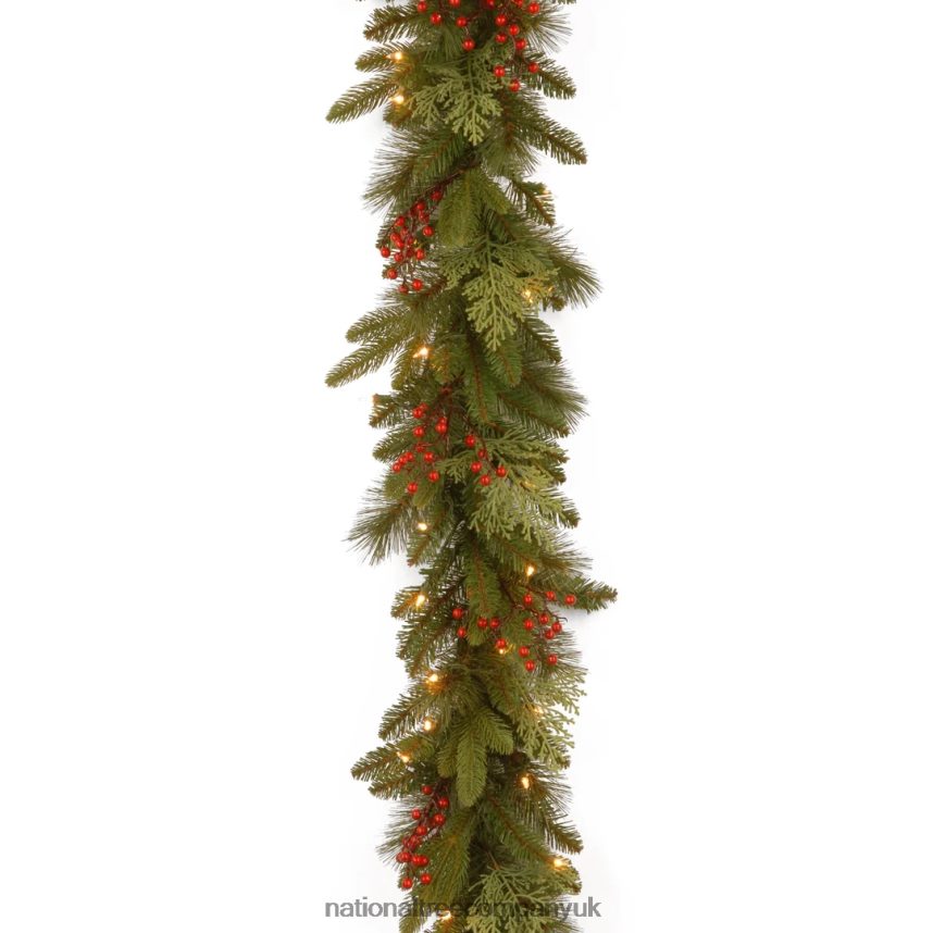 Greenery | National Tree Company Pre-Lit 'Feel Real' Artificial Christmas Garland, Green, Classical, White Lights, Decorated With Berry Clusters, Plug In, Christmas Collection, 9 Feet F2L4F328