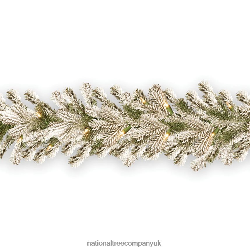 Greenery | National Tree Company Pre-Lit 'Feel Real' Artificial Christmas Garland, Green, Sheffield Spruce, White Lights, Decorated With Frosted Branches, Plug In, Christmas Collection, 9 Feet F2L4F37
