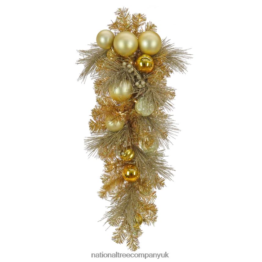 Greenery | National Tree Company 36" Christmas Be Merry Decorated Gold Teardrop, 35 Warm White LED Lights- Battery Operated with Remote Control F2L4F484