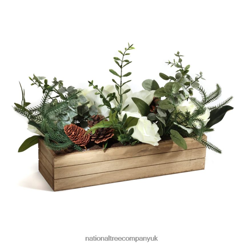 Greenery | National Tree Company Mixed Greens and White Flowers Christmas Arrangement with Wood Box Base, 23 in F2L4F490