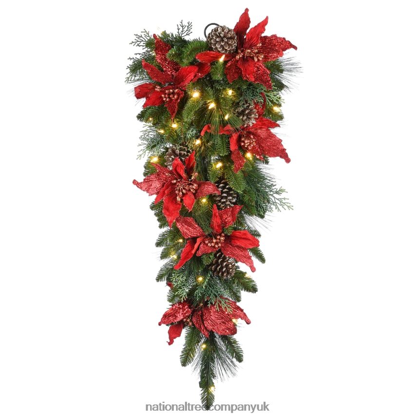 Greenery | National Tree Company Pre-Lit Artificial Christmas Teardrop, Green, Evergreen, White Lights, Decorated with Pine Cones, Poinsettia Flowers, Christmas Collection, 36 Inches F2L4F477