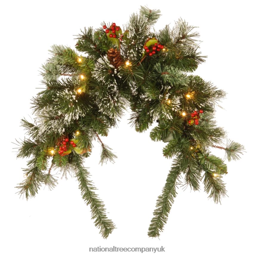 Greenery | National Tree Company Pre-Lit Artificial Mailbox Swag Decoration, Green, Wintry Pine, LED Lights, Decorated with Frosted Branches, Berry Clusters, Pine Cones, Christmas Collection, 3 Feet F