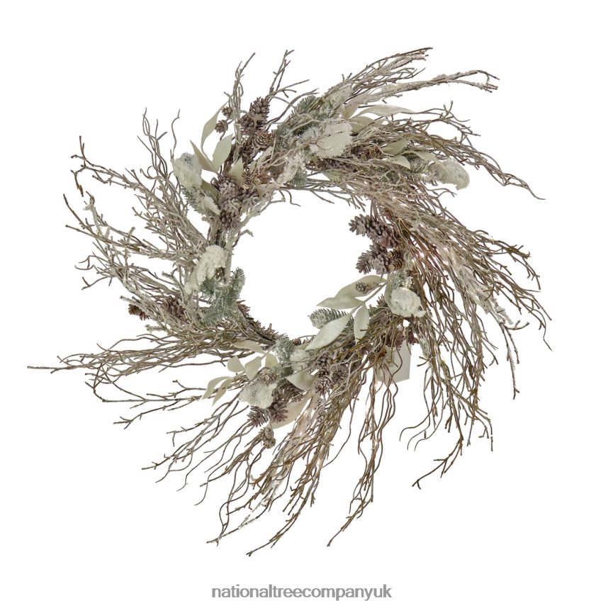 Greenery | National Tree Company 24" Christmas Alpine Trimmed Snow Lump Wreath, 150 Pure White LED Rice Lights- Battery Operated with Remote Control F2L4F278