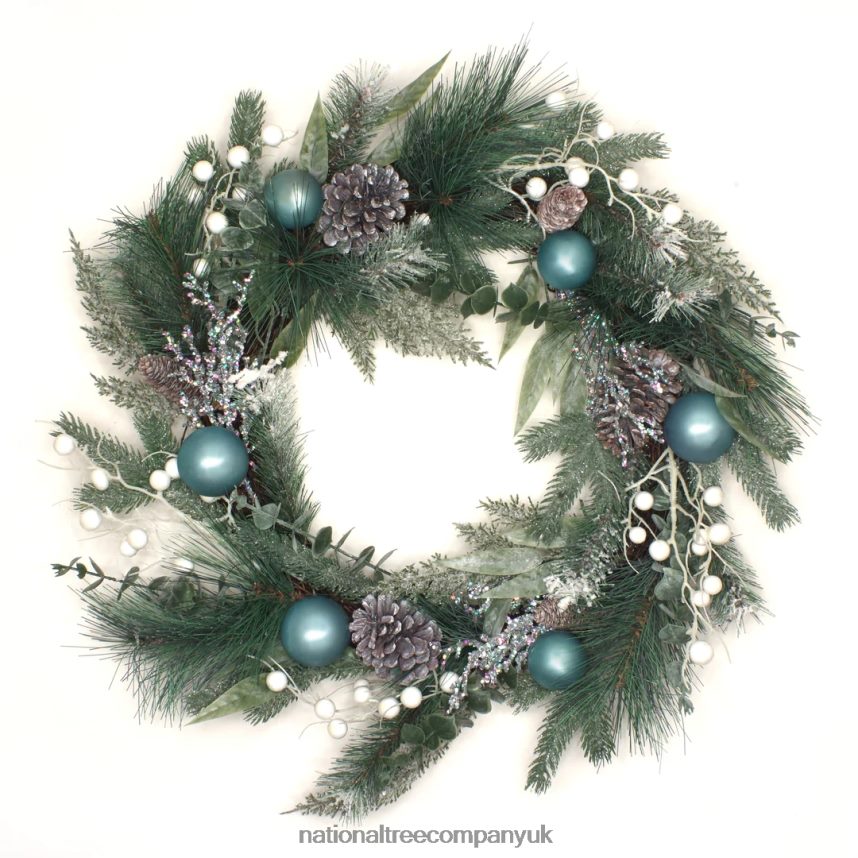 Greenery | National Tree Company Artificial Decorated Evergreen Christmas Wreath, with Berry Clusters, Silver Pinecones, and Leafy Greens, 24 in F2L4F321