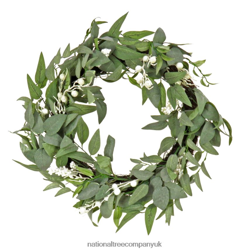 Greenery | National Tree Company Artificial Mixed Green Leaves Christmas Wreath, Decorated with White Berry Clusters, Woven Branch Base, 24 in F2L4F320