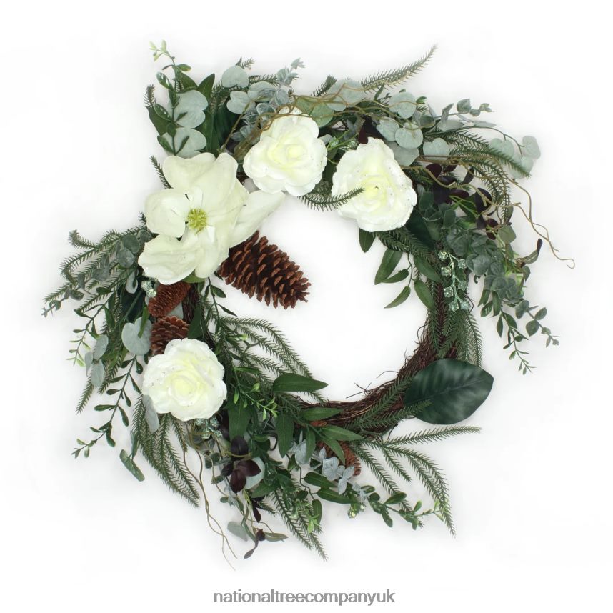 Greenery | National Tree Company Artificial Mixed Greens and White Flowers Christmas Wreath, Decorated with Roses, Magnolia Flower Blooms, Pinecones, 26 in F2L4F319
