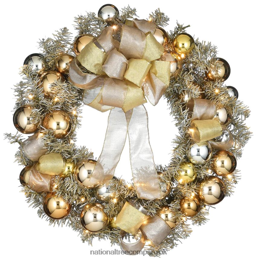 Greenery | National Tree Company Pre-Lit Artificial Christmas Wreath, Gold Ornament Metallic, with Warm White LED Lights, Battery Powered, 28 in F2L4F267