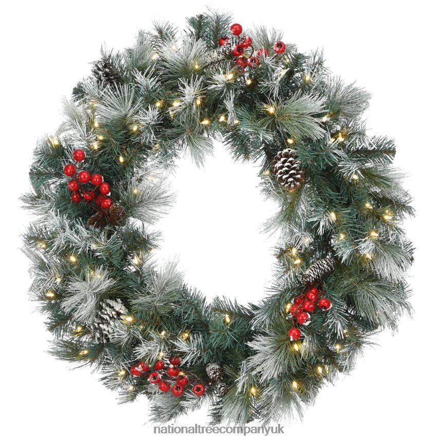 Greenery | National Tree Company Pre-Lit Artificial Christmas Wreath, Green, Snowy Glacier Pine, White Lights, Decorated with Pine Cones, Berry Clusters, Frosted Branches, Christmas Collection, 30 Inc