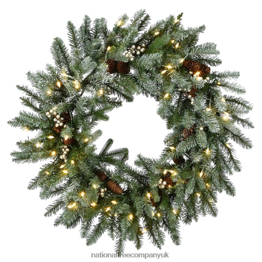 Greenery | National Tree Company Pre-Lit Artificial Christmas Wreath, Green, Snowy Morgan Spruce, White Lights, Decorated with Pine Cones and Frosted Branches, Christmas Collection, 30 Inches F2L4F296