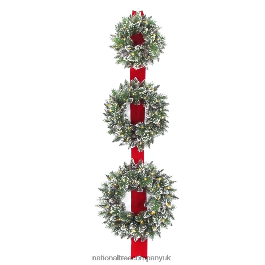 Greenery | National Tree Company Artificial Christmas Three Wreath Ribbon Door Decoration, Green, White Lights, Decorated with Frosted Branches, Christmas Collection, 77 Inches F2L4F238