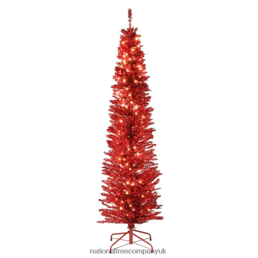 Trees | National Tree Company Pre-Lit Artificial Christmas Tree, Red Tinsel, White Lights, Includes Stand, 6 feet F2L4F63