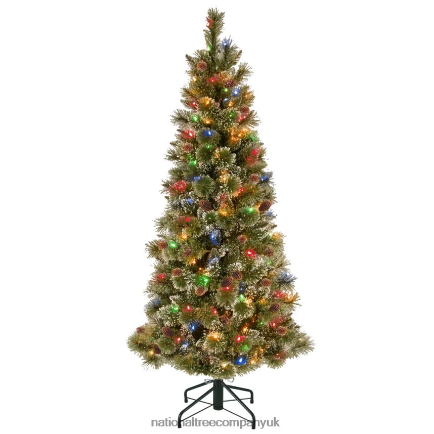Trees | National Tree Company Pre-Lit Artificial Slim Christmas Tree, Glittering Pine, Green, Multicolor Lights, Decorated with Pine Cones, Ball Ornaments, Includes Stand, 5 Feet F2L4F204