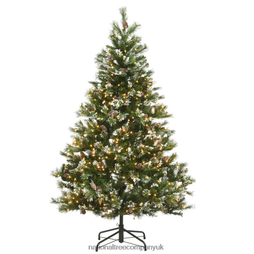 Trees | National Tree Company Pre-Lit Artificial Slim Christmas Tree, Green, Glittery Bristle Pine, White Lights, Flocked with Pine Cones, Frosted Branches, Includes Stand, 6.5 Feet F2L4F202