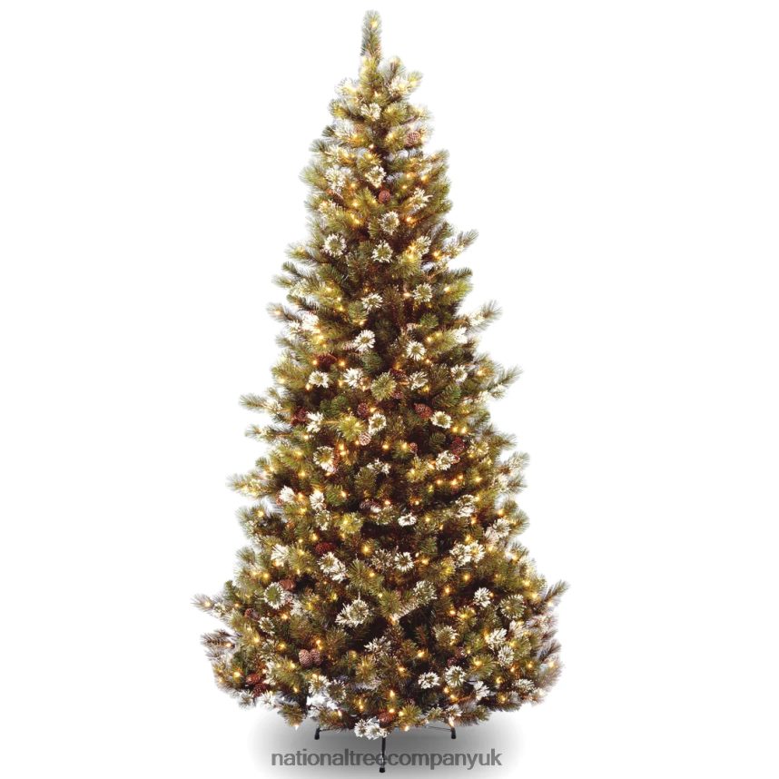 Trees | National Tree Company Pre-Lit Artificial Slim Christmas Tree, Green, Glittery Bristle Pine, White Lights, Flocked with Pine Cones, Frosted Branches, Includes Stand, 7.5 Feet F2L4F203