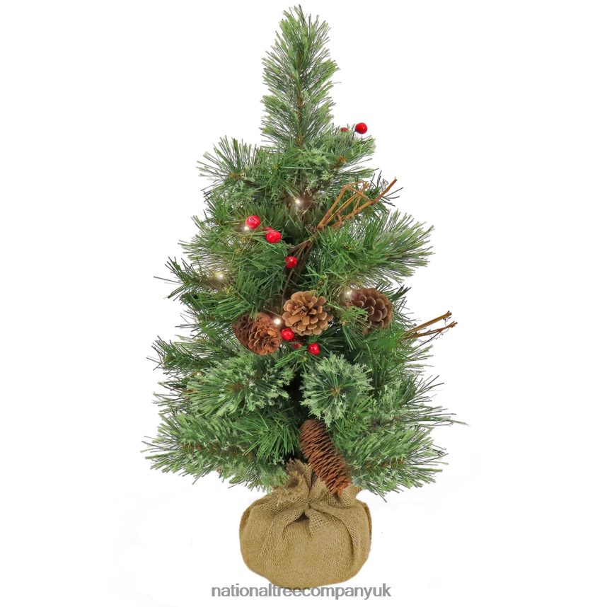 Trees | National Tree Company 24" Glistening Pine Small Tree with Pine Cones, Red Berries, and Twigs in a Burlap Base- 15 Warm White LED Lights- Battery Operated with Timer F2L4F83