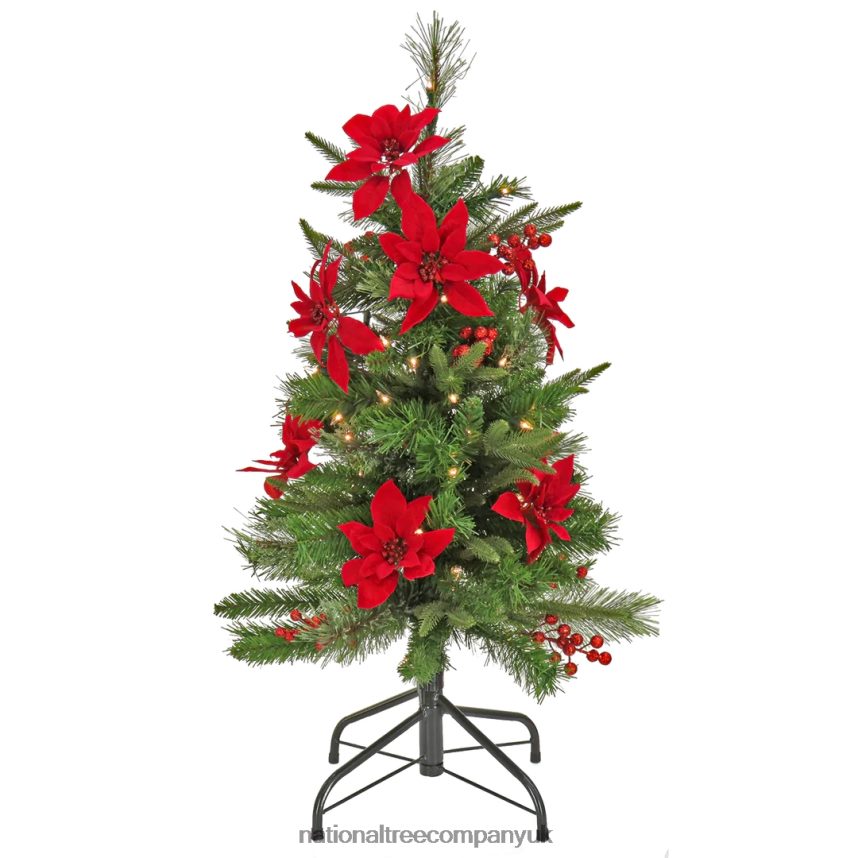 Trees | National Tree Company Artificial Colonial Pencil Slim Hinged Christmas Tree with Berries and Poinsettia Flowers, Pre-Lit with Clear Incandescent Lights, Plug In, 3 ft F2L4F198