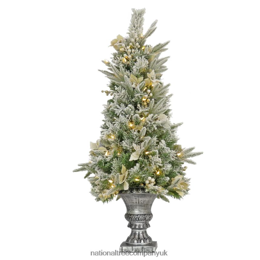 Trees | National Tree Company Artificial Frosted Colonial Fir Entrance Christmas Tree with Berries and Poinsettia Flowers, Pre-Lit with Warm White LED Lights, Plug In, 4 ft F2L4F145