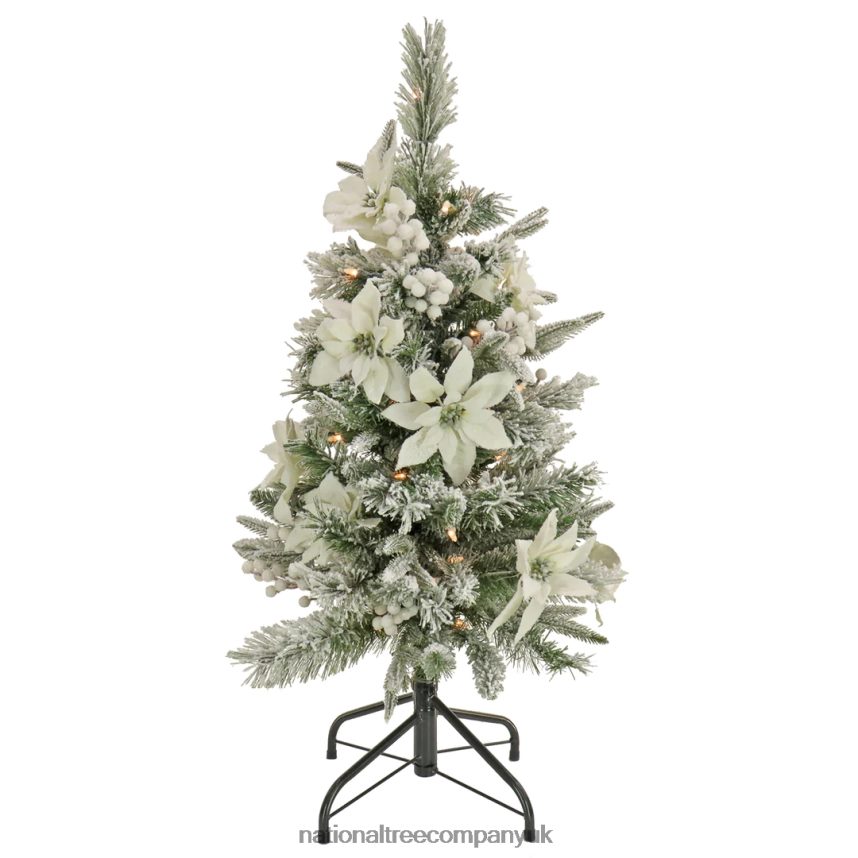 Trees | National Tree Company Artificial Frosted Colonial Pencil Slim Hinged Christmas Tree with Berries and Poinsettia Flowers, Pre-Lit with Clear Incandescent Lights, Plug In, 3 ft F2L4F166