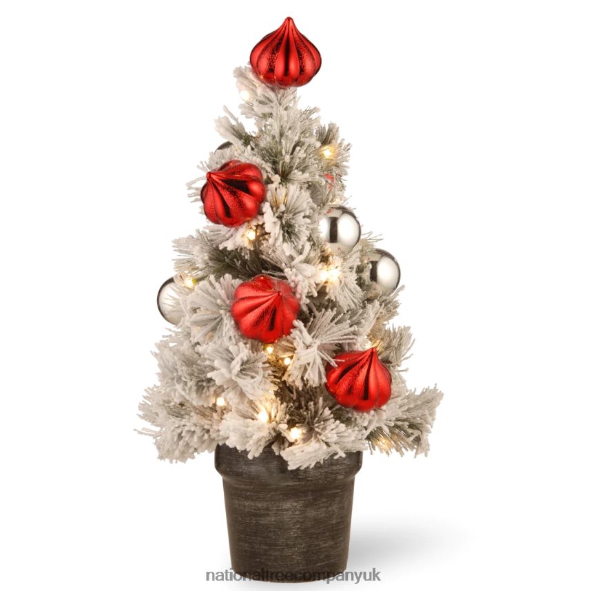 Trees | National Tree Company Pre-Lit Artificial Christmas Tree, Green, Snowy Bristle Pine, White LED Lights, Decorated with Pine Cones, Ball Ornaments, Includes Pot Base, Battery Operated, 24 Inches