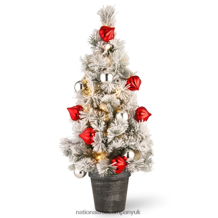 Trees | National Tree Company Pre-Lit Artificial Christmas Tree, Green, Snowy Bristle Pine, White LED Lights, Decorated with Pine Cones, Ball Ornaments, Includes Pot Base, Battery Operated, 3 Feet F2L