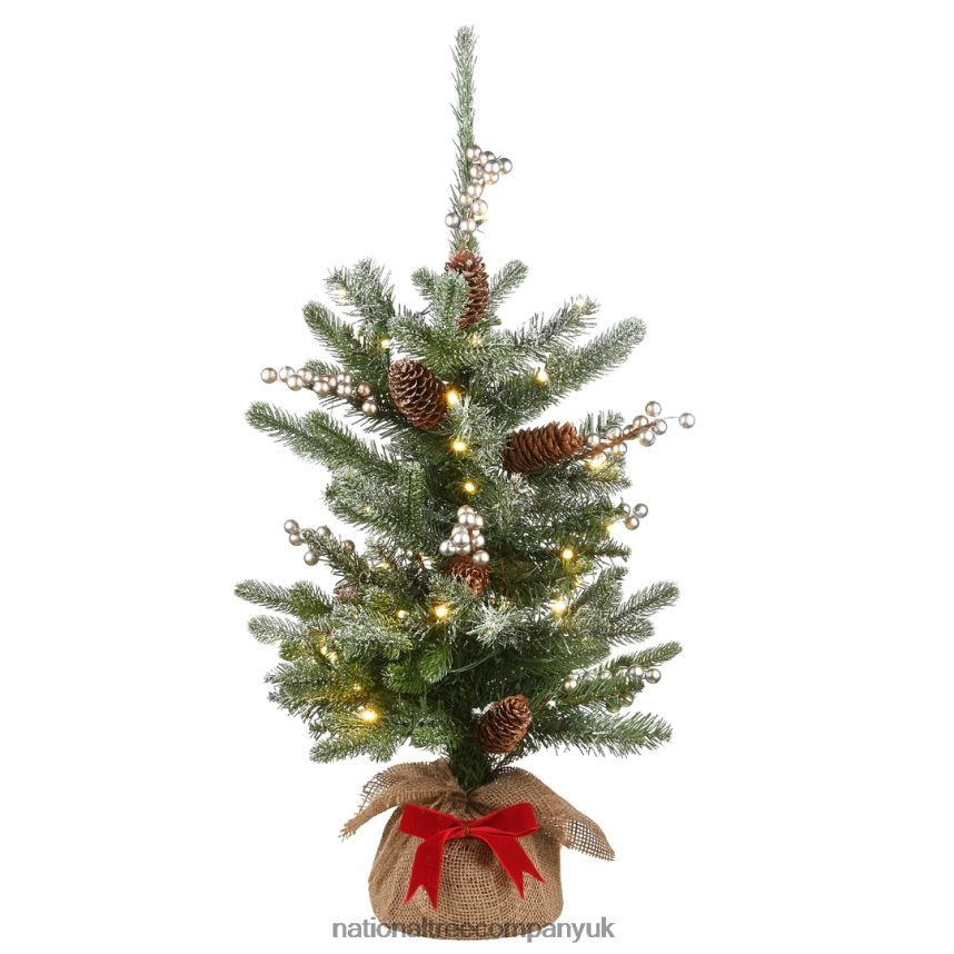 Trees | National Tree Company Pre-Lit Artificial Christmas Tree, Green, Snowy Morgan Spruce, White LED Lights, Decorated with Pine Cones, Includes Cloth Bag Base, Battery Operated, 2 Feet F2L4F194