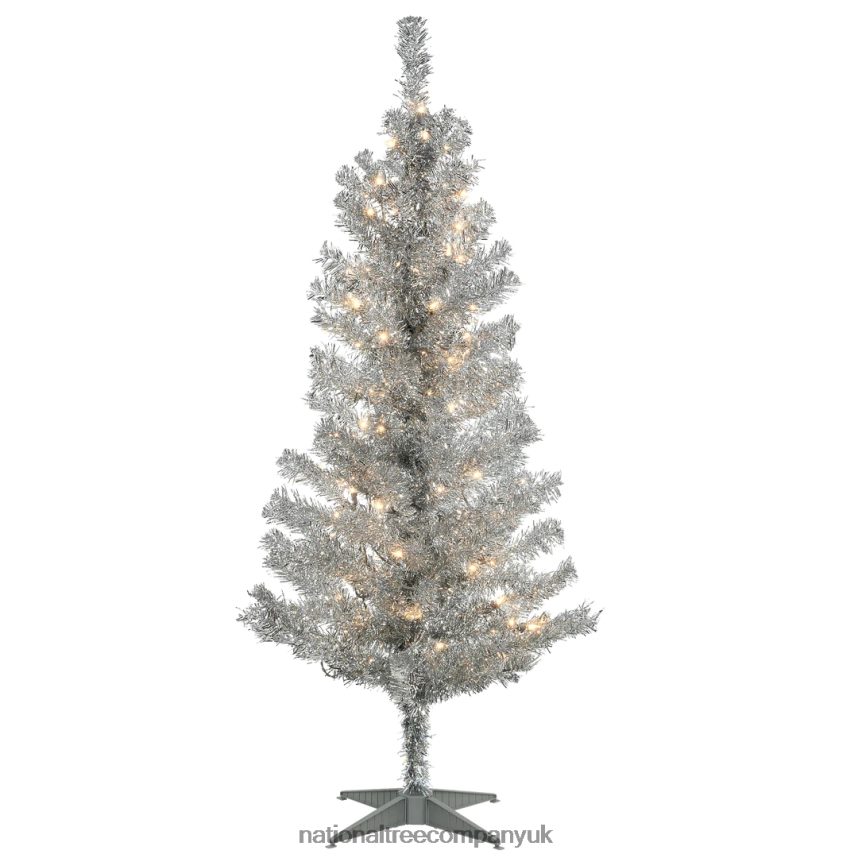 Trees | National Tree Company Pre-Lit Artificial Christmas Tree, Silver Tinsel, White Lights, Includes Stand, 4 feet F2L4F70