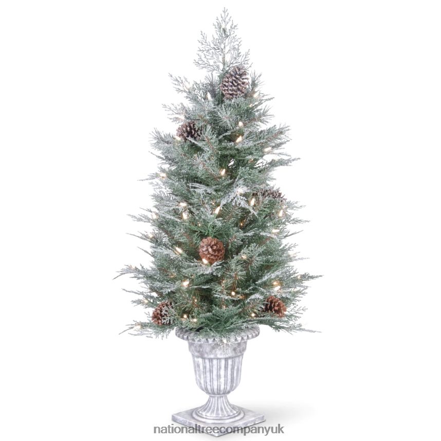 Trees | National Tree Company Pre-Lit Artificial Entrance Christmas Tree, Frosted Mountain Spruce, Green, White Lights, Decorated with Berry Clusters, Pine Cones, Includes Metal Base, 4 Feet F2L4F206