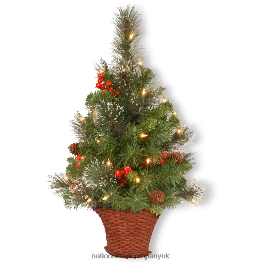 Trees | National Tree Company Pre-Lit Artificial Mini Christmas Tree, Green, Crestwood Spruce, White Lights, Decorated with Pine Cones, Berry Clusters, Frosted Branches, Includes Wicker Base, 3 Feet F